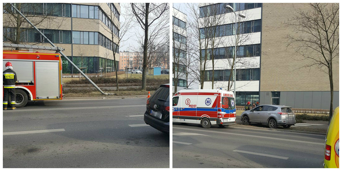 Samochód osobowy uderzył w latarnię na ul. Marcelińskiej