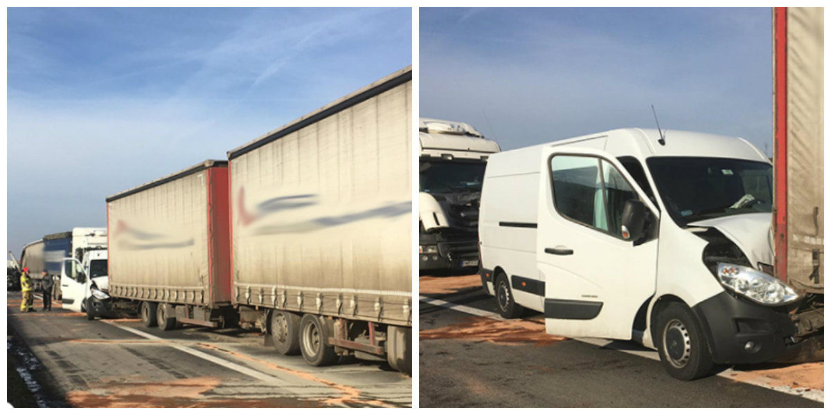 Kolizja kilku samochodów ciężarowych i korek na autostradzie A2 (Aktualizacja)
