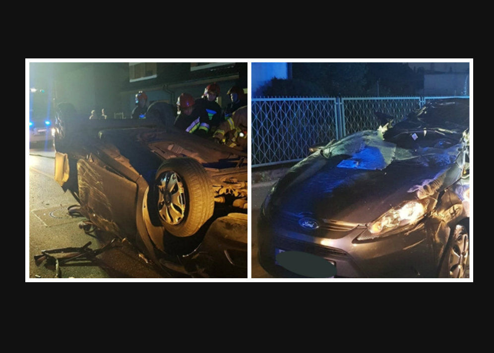 Nocne dachowanie samochodu pod Poznaniem. Jedna osoba poszkodowana