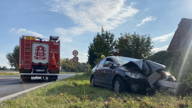 Poranna kolizja w Stęszewie: Samochód osobowy wjechał w słup energetyczny